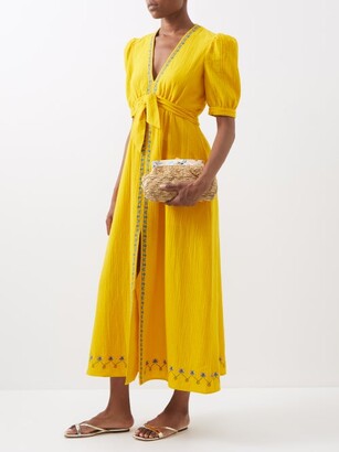 Saloni Jamie Floral-embroidered Crinkled-cotton Dress - Mid Yellow