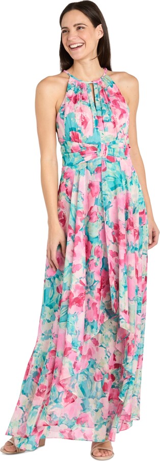 R & M Richards Women's Floral-Print Halter Gown - Jade/Pink