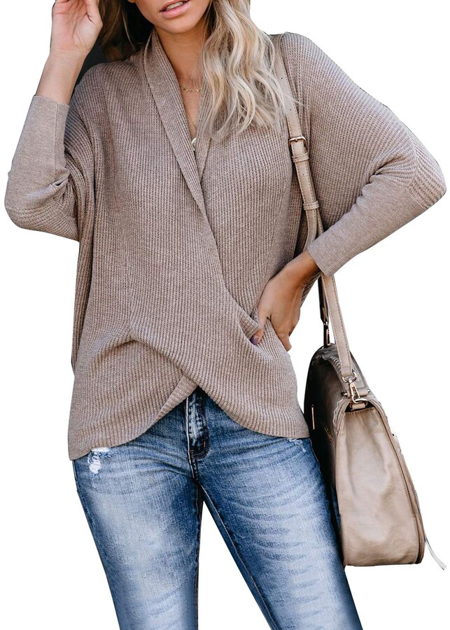 Ecrocoo Women's V Neck Knit Wrap Sweater Long Sleeve Casual Soft Fall Solid  Color Loose Chunky Sweaters Tops Khaki 2XL - ShopStyle