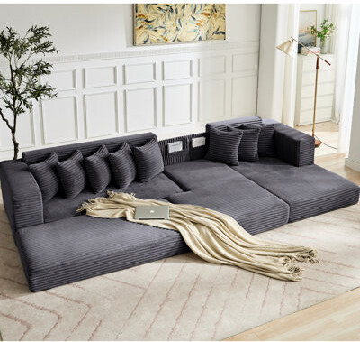 Everly Quinn New L-shape Corduroy 3 Seat Convertible Bed No Assembly 8 Pillows Feature Space