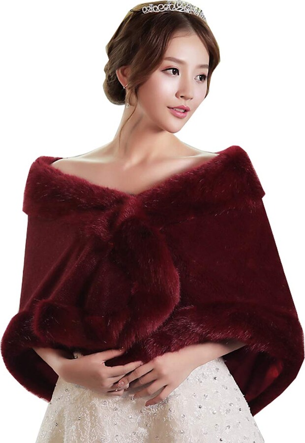 vipgowns Burgundy Faux Fur Wrap Shawl Shrug Bolero Cape for Bridal - Main Image