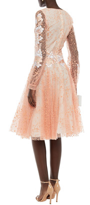 Costarellos Layered Embroidered Flocked Tulle Dress