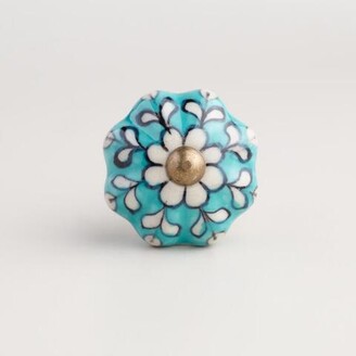 Turquoise Ceramic Floral Knobs Set Of 2