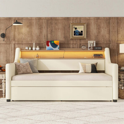 Latitude Run Comfortable and Functional Daybed with Trundle Charging Station LED Lighting and Headboard Storage for Enhanced Living Experience