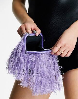 ASOS DESIGN faux feather clutch with resin handle in purple
