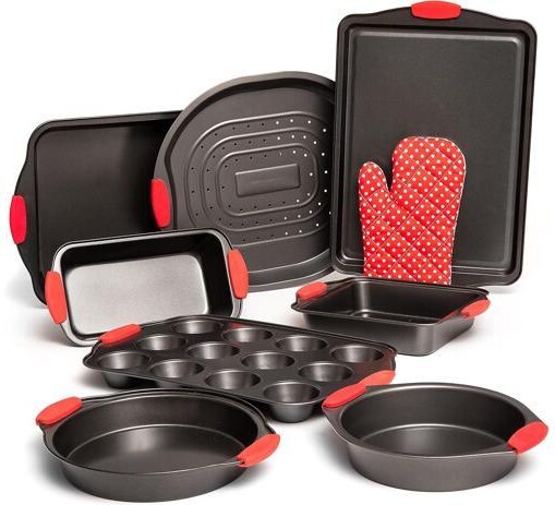 VINIUSIKI Moss & Stone 9 Piece Baking Pans Set Non Stick, Oven Safe Baking Sheet Set Carbon Steel Non-Stick PTFE Coating, Bakeware Set With Heat Red Silicone...