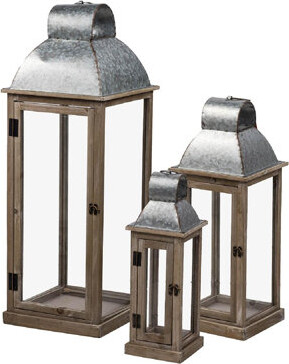 One Allium Way Silver and Natural Wood Lanterns Set of 3