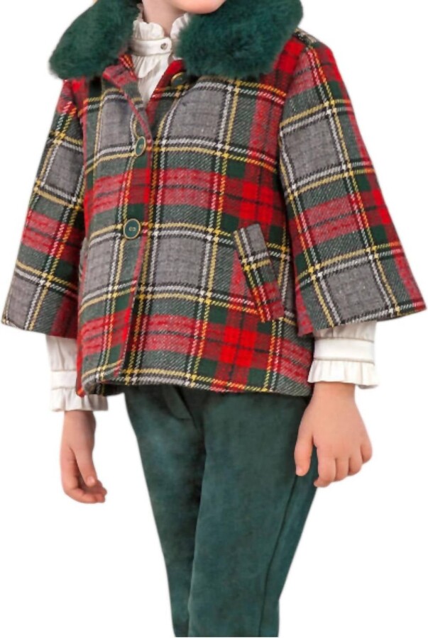 Abel & Lula Plaid Girls Coat With Faux Fur Collar In Red And Bottle Green