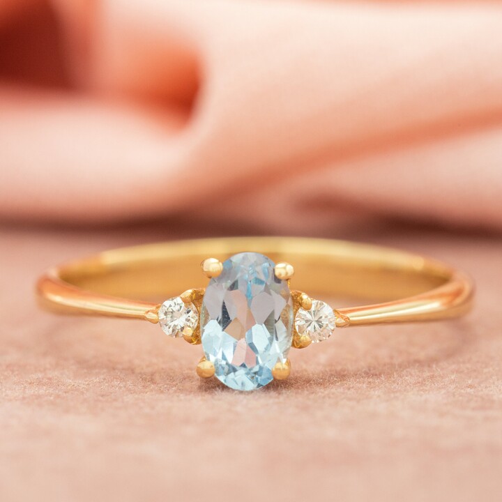 Etsy Dainty Oval Aquamarine Ring Cz Accents Solid Gold March Birthstone