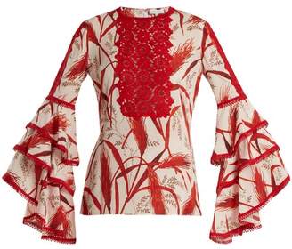 Andrew Gn Rye-print lace-trimmed silk-georgette blouse