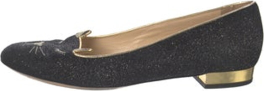 Charlotte Olympia Leather Loafers Black & Blue Embroidered Embroidered & Glitter Accents Semi-Pointed Toes Designer