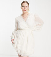Thumbnail for your product : ASOS Curve ASOS DESIGN Curve lace insert wrap mini dress in textured in cream