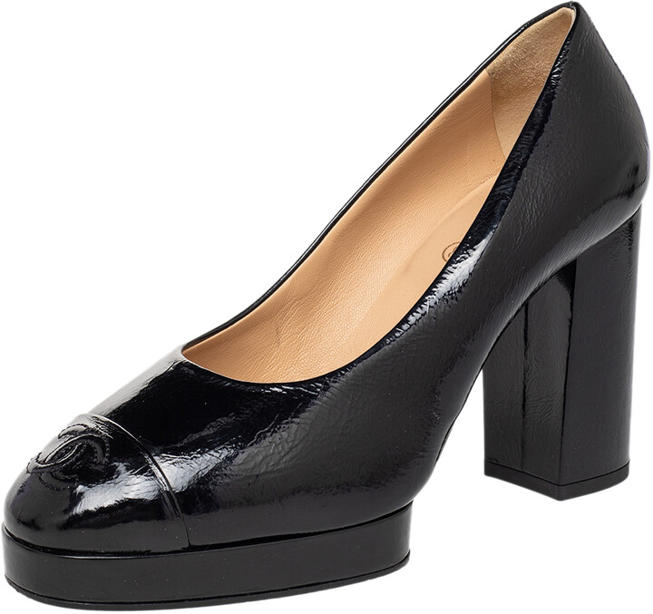 Chanel Black Patent Leather CC Cap Toe Block Heel Pumps Size 37 - ShopStyle