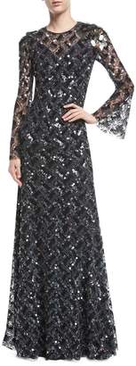 Jenny Packham Long-Sleeve Paillette-Embellished Gown