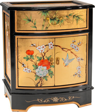 Oriental Furniture Gold Lacquer End Table - Birds And Flowers