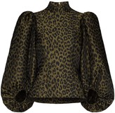 Ganni Leopard-Jacquard Puff-Sleeve Blouse