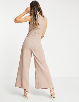 Gilli split leg jumpsuit with tie waist in taupe