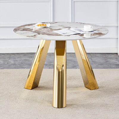 Latitude Run The 42-Inch Stainless Steel Gold-Plated Flamed Granite Round Table With Seating For 4 People For Dining Entertaining Or As A Conference Table