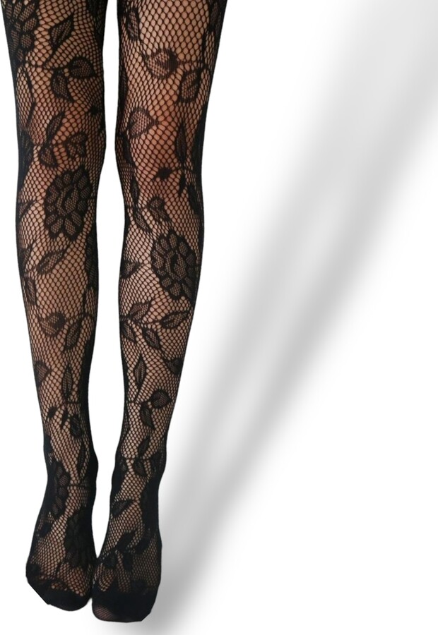 High Heel Jungle by Kathryn Eisman Black Shadow Bloom Floral Fishnet Tights