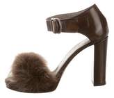 Thumbnail for your product : Brunello Cucinelli Fur-Trimmed Leather Sandals w/ Tags