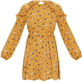 PrettyLittleThing Mustard Floral Frill Long Sleeve Shift Dress