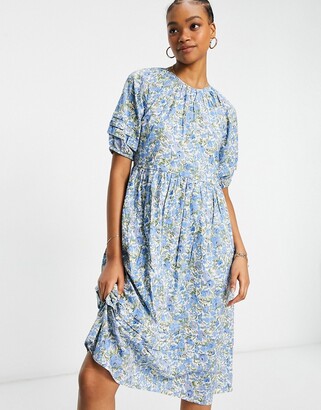Y.A.S cotton midi smock dress in blue ditsy floral - MULTI