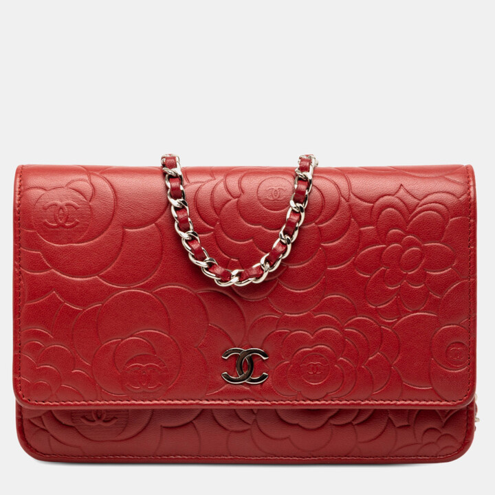 Chanel Red CC Embossed Lambskin Camellia Wallet On Chain