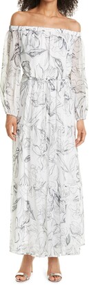 Milly Pierce Sketched Iris Off the Shoulder Long Sleeve Maxi Dress