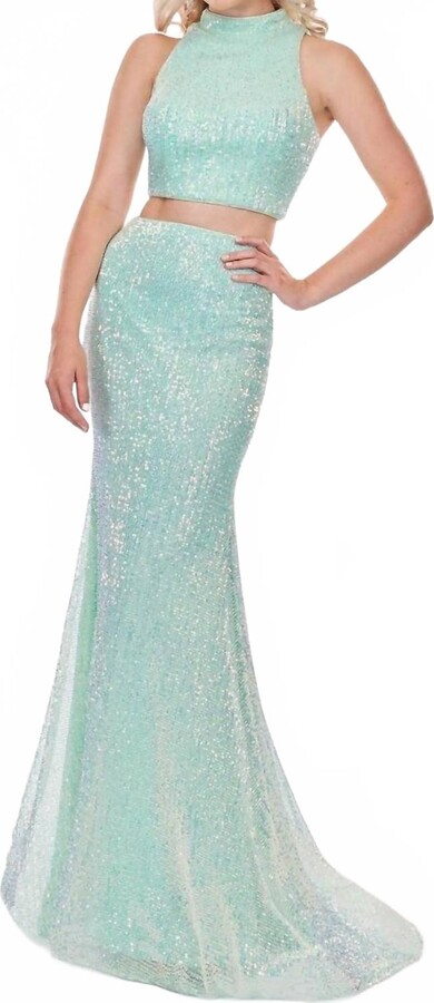 RACHEL ALLAN Pleated Sequin Two-Piece Prom Dress In Mint Blue Iridescent