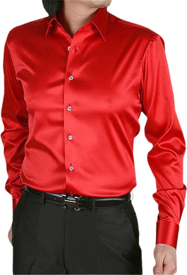 Generic Men Luxury Silky Satin Dress Shirt Slim Fit Long Sleeve Casual  Shirts Performance Stage Dance Party Wedding Clothing Red - ShopStyle