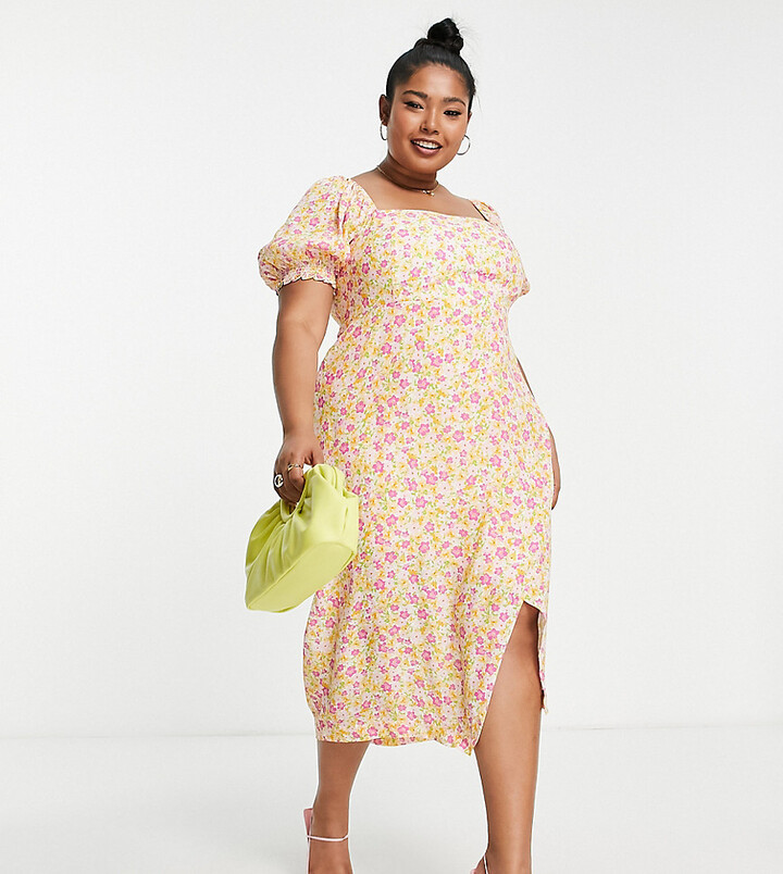 Forever New Curve puff sleeve square neck midi dress in buttercup floral -  ShopStyle
