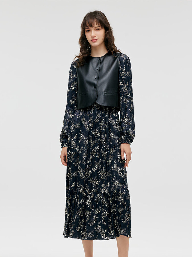 GOELIA Eco-Friendly Fur Vest And Floral Print Dress Two-Piece Set - Black Combo Butterflies Print / XXS