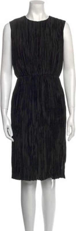 Gucci Sheath Dress Black Striped Pleated & Keyhole Accents Sleeveless with Crew Neck Concealed Zip Closure at Back Designer