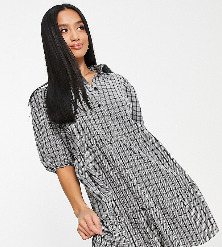 Miss Selfridge Petite smock shirt dress with puff sleeves in gray check -  ShopStyle