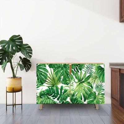Sideboard Buffet Cabinet with Storage Tropical leaves Monstera strelitzia palms Watercolor with 2 Doors for Living Room and Kitchen