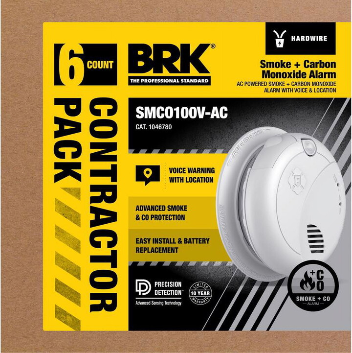 B/R/K BRK 6 PK With Voice Hard-Wired w/Battery Back-Up Photoelectric Smoke and Carbon Monoxide Detector