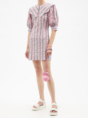 Ganni Exaggerated-collar Striped Organic-cotton Dress - Light Pink