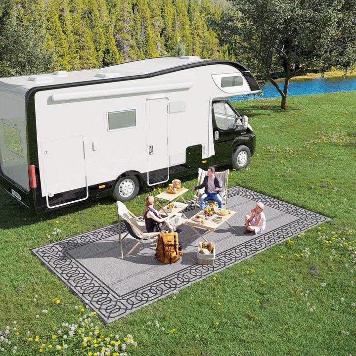 Outsunny RV Mat, Outdoor Patio Rug / Large Camping Carpet with Carrying Bag, 9' x 12', Waterproof Plastic Straw, Reversible, Gray & White Floral