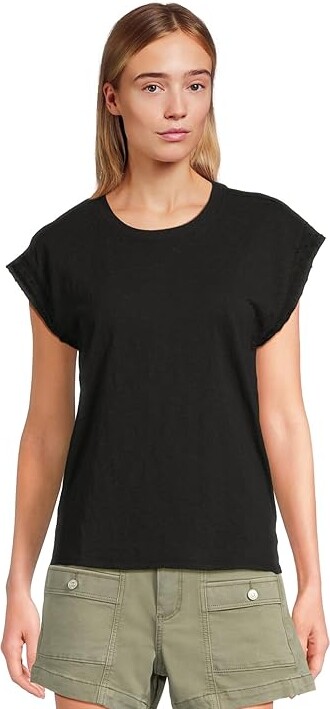 Mod-o-doc Cap Sleeve Mix Media T-Shirts Women's Clothing Black : XS (US 0-2), Cotton