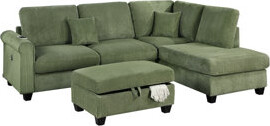 August Grove Gorgeous Sage Color 3Pc Sectional Set Corduroy Upholstered LAF Sofa RAF Chaise Ottoman L-Sectional Living Room Furniture