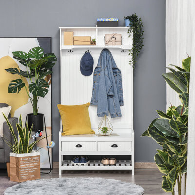 3-In-1 Hall Tree, Entryway Bench With Coat Rack, Mudroom Bench With Shoe Rack, 2 Storage Drawers, 4 Hooks And Padded Seat Cushions