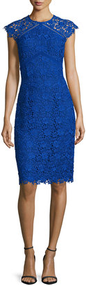 Shoshanna Cap-Sleeve Lace Sheath Dress, Azure
