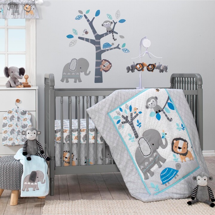 Bedtime Originals Baby Jungle Fun Gray/Blue/White Elephant, Lion and Monkey 3-Piece Nursery Crib Bedding Set