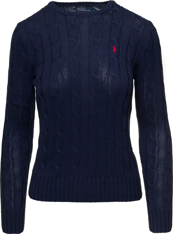 Polo Ralph Lauren 'juliana' Blue Cable Knit Pullover With Contrasting  Embroidered Logo In Cotton Woman - ShopStyle Sweaters