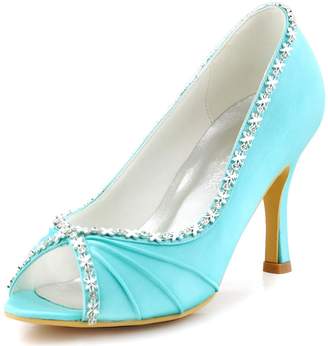 ElegantPark EP2094 Women Satin Ruched Stiletto Heel Pumps Peep Toe Rhinestones Evening Party Prom Shoes US 8