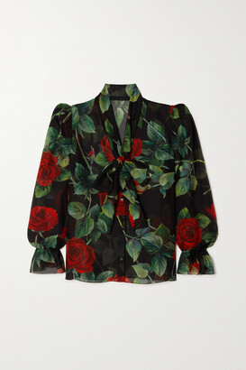Dolce & Gabbana Pussy-bow Floral-print Silk-chiffon Blouse - Black