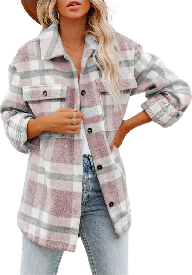 Meufam Womens Casual Brushed Plaid Shirts Fashion Lapel Button Down Long  Sleeve Jackets Shacket Coats with Pocket (Pink - ShopStyle Tops
