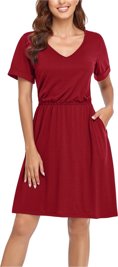 ANRILITA Summer Dresses for Women 2023 Elastic Waist Short Sleeve V Neck  Casual Fit and Flare Dress Knee Length with Pockets for Vacation Home  Office Wine Red - ShopStyle
