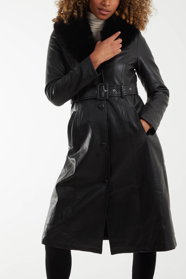 Blue Vanilla Navy Faux Fur Trim Belted Padded Jacket Blue Vanilla