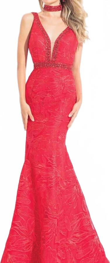 RACHEL ALLAN Floral Embroidered Mermaid Gown With Rhinestones